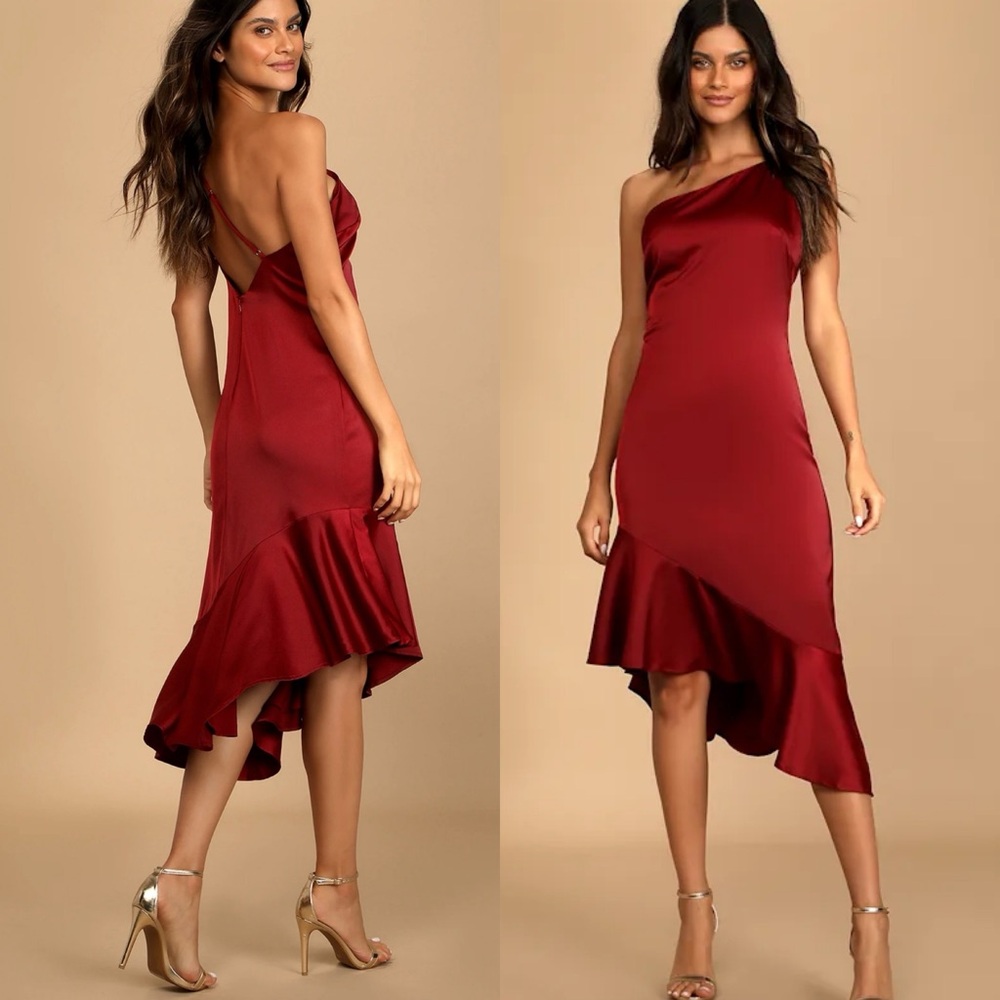 Lulus Sweet and Stylish Burgundy Satin One-Shoulder Midi Dress